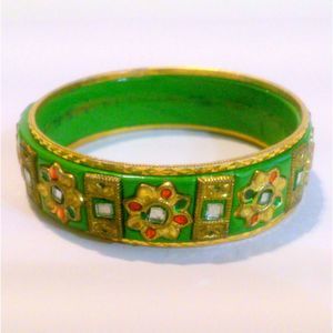 Eastern Inspired Gold and Green Tone Mirror Multi Color Accented Bangle